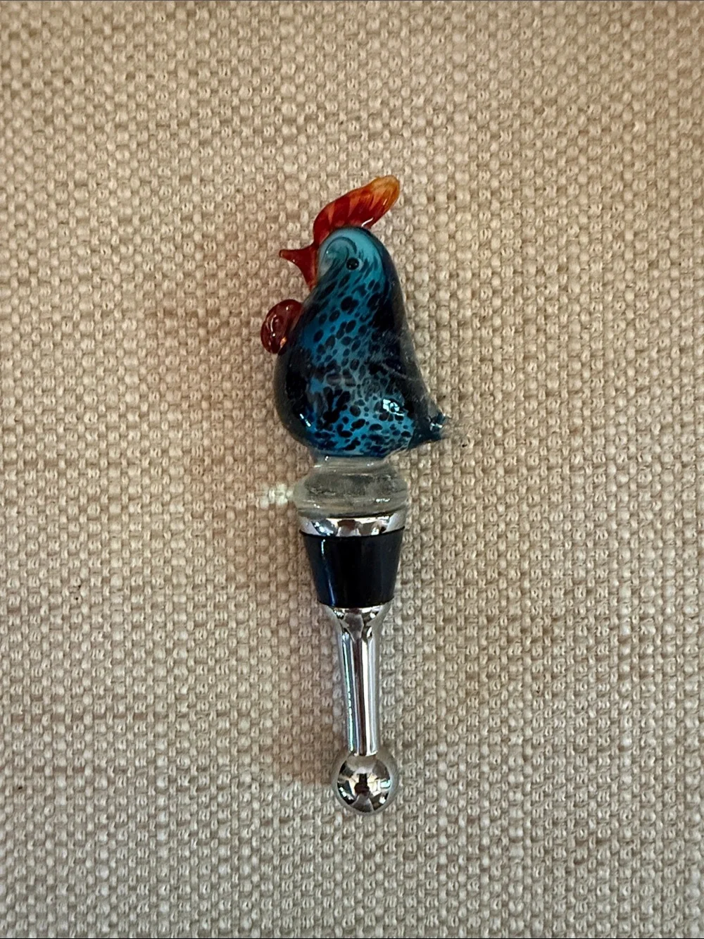 Pier One Handblown Glass Rooster Bottle Stopper - Blue & Orange 5 Inch in length